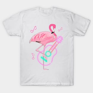 Flamingo Retro Neon Guitar Music T-Shirt